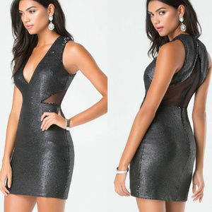 💋 bebe dress black sequin deep v mesh dress 10 new RARE 💋